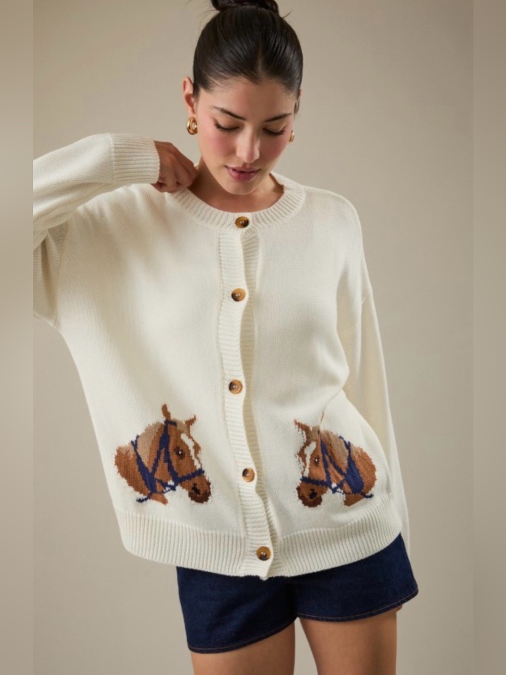 Cream Horse-Detail Button Cardigan Sweater